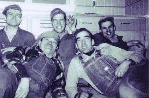 On a lunch break during construction of Pleasant View Retirement Community in 1954. Back row left to right: Lloyd Haldeman, Jay Haldeman, and Ed Haldeman. Front row left to right: Galen Shelly and John Heisey.