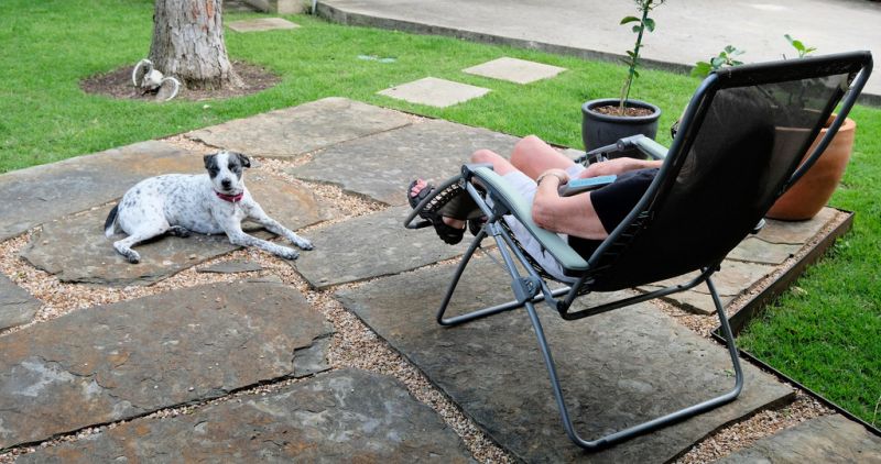 Neighbor relaxing on patio with a dog.