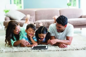 A family laughing together. 